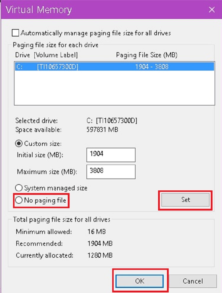 Select "OK" to conclude after selecting "No paging file" and "Set